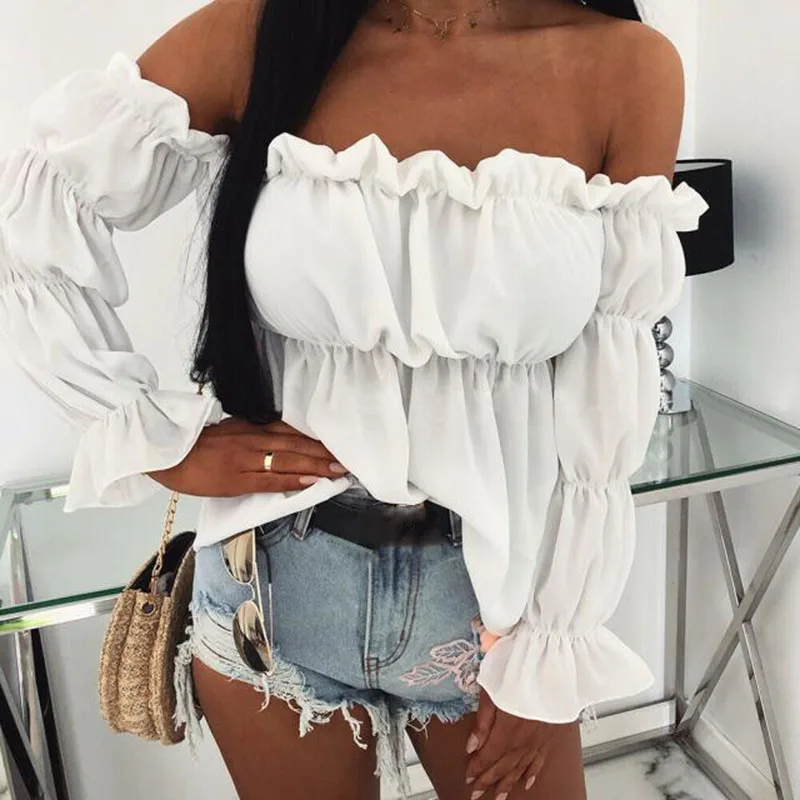 

2021 Elegant Blouses Women Off Shoulder Chiffon Blouse Fashion Solid Color Pleated Sexy Shirt New Office Street Tops and Blouses