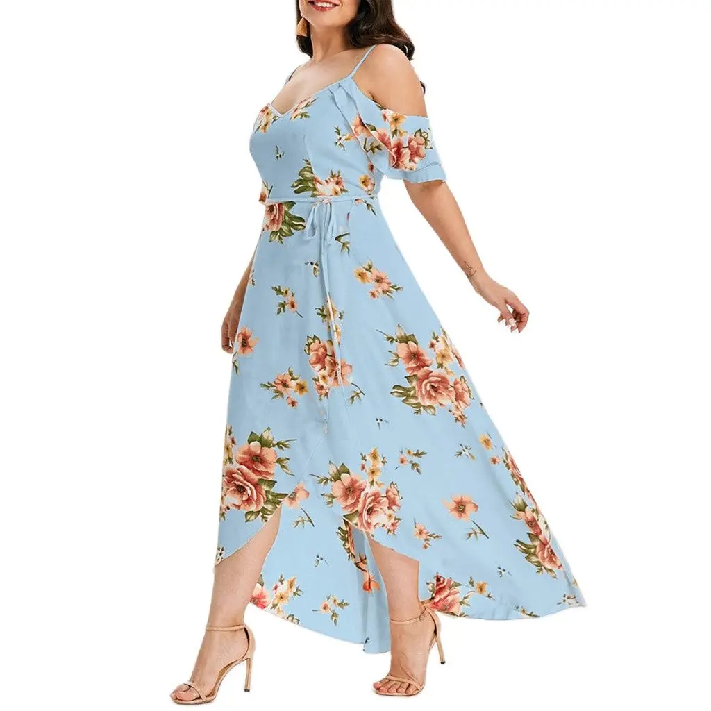 

L-4XL Digital Printing Dress Large Size Women's Sling With Ruffle + Belt Fashion Sexy Off-The-Shoulder Split Long Dress 2021 New