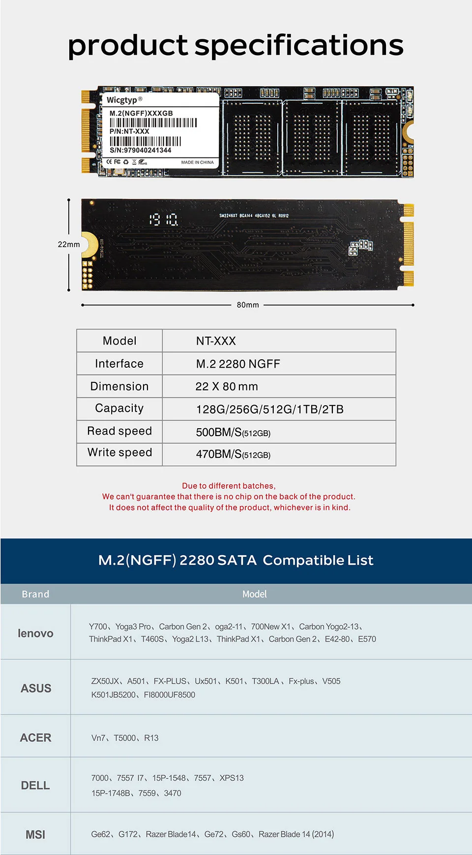 Wicgtyp NGFF M.2 SATA 82*22 SSD 128 ГБ 256 512 1 ТБ мини Pcie твердотельный накопитель для Thinkpad lenovo для dell для hp