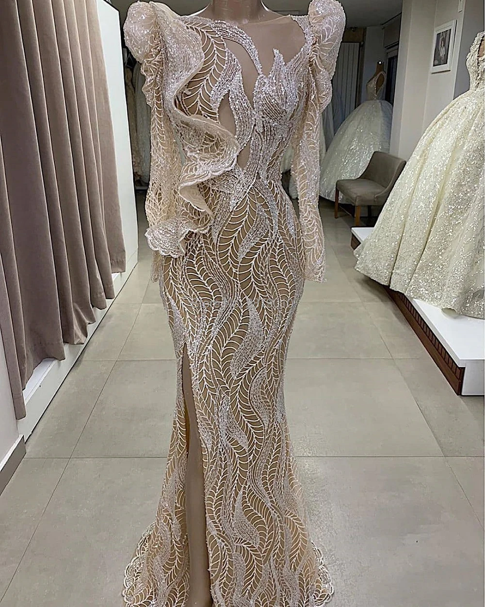 Женское вечернее платье с юбкой годе дизайнерское до пола длинным рукавом и