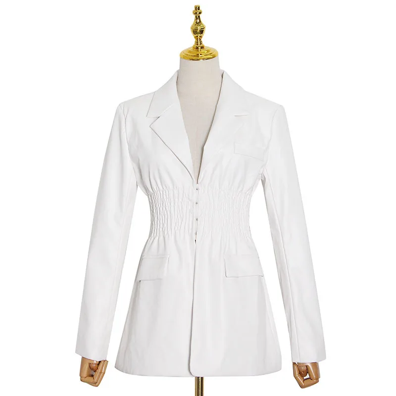 

New fashion temperament personality suit collar waist pleated row of buttons design pu leather suit jacket women
