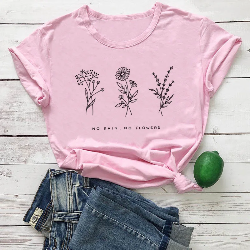 pink tee black text Летняя футболка с цветами без дождя модная повседневная женская желтая одежда футболка с коротким рукавом без дождя с надписью Grunge - Цвет: pink tee black text