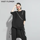 Женская Асимметричная футболка, черная, на молнии, с круглым вырезом и полурукавами, свободная, повседневная, топы, модная одежда, весна-лето, 2021