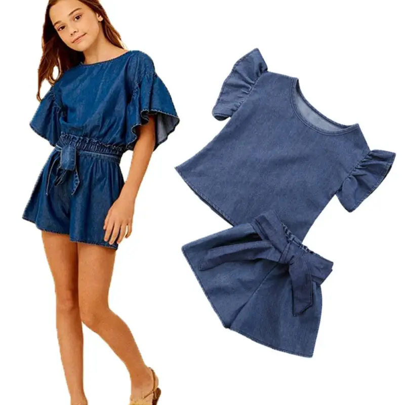 Женские джинсовые шорты CANIS однотонные штаны с оборками на рукавах и бантом