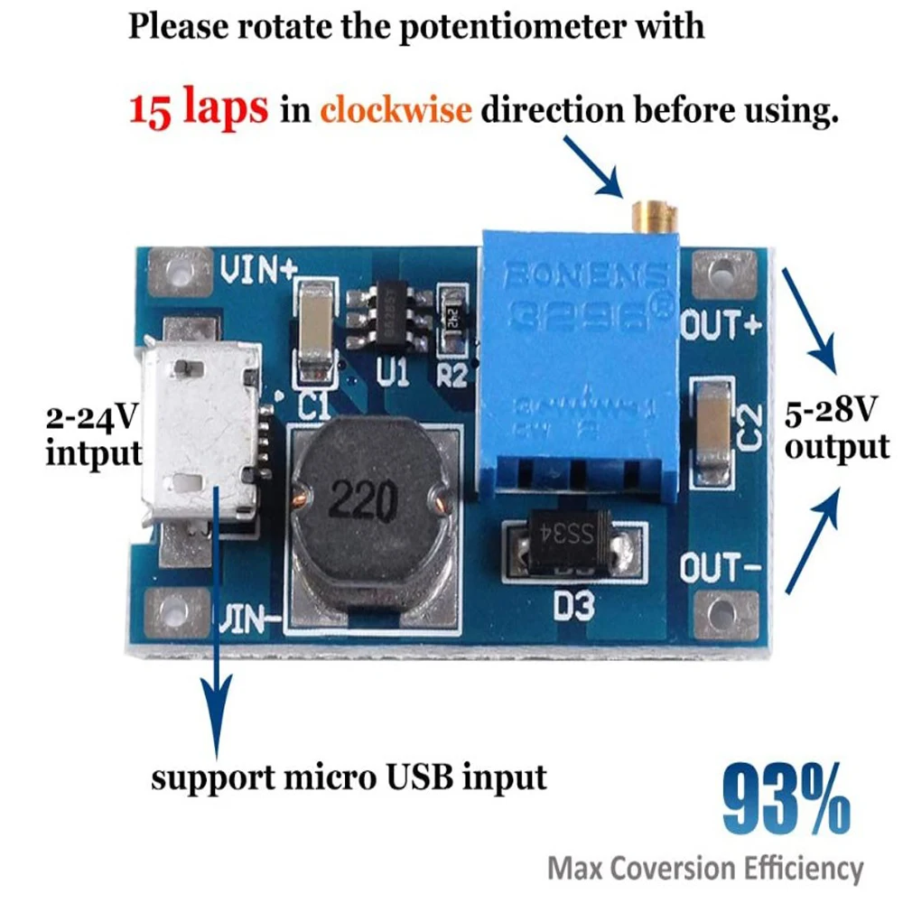 100 шт./лот повышающий преобразователь постоянного тока с MT3608 Mico USB DC 2V 24V до 5V 28V 2A