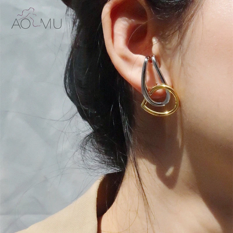 Женские серьги-гвоздики в виде капель воды AOMU простые двухцветные с прострочкой