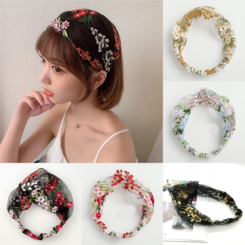 

Korean Embroidery Lace Floral Headband Elastic Hairband Girls Turban Wide Transparent Hairbands Headwear Hair Accessories