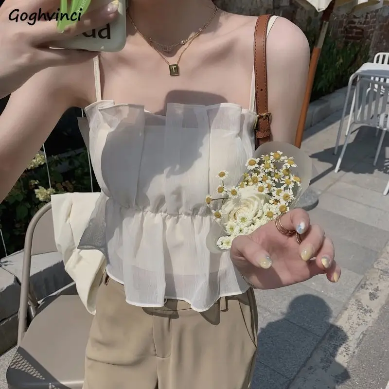 

Camisole Womens Summer Sexy Holiday Tender New Design Female All-match Solid Shirring Soft Causal Ulzzang Fashion Sweet Fit Chic