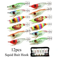 12 pcs squid bait hooks 9g big eyes wooden shrimp jig fishing lures hooks wood artificial luminous jigging lure with bag