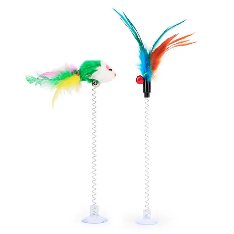 Cat Toy 1pc Funny Interactive Suction Spring Cat Toy Cat Feather Wand Cat Teaser Pet Interactive Supplies Cat Favor Random Color