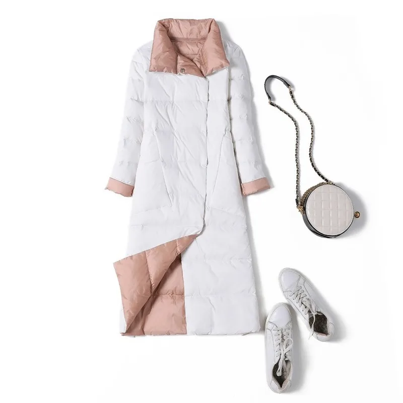 

Autumn and winter thin white duck down down jacket women in the long Korean version of the stand collar through the knee tide