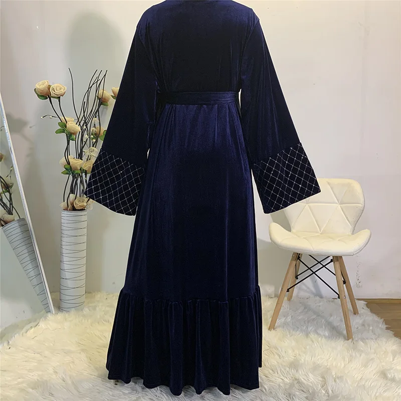 Buy New Arrivals Golden velvet Open Front Abaya Kimono Women Muslim Dress Modest Wear Dubai Turkey Sheer Duster Cardigan on