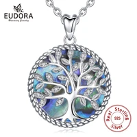 eudora 925 sterling silver tree of life pendant crystal leaf blue mother of pearl necklace women fine jewelry gift with box d170