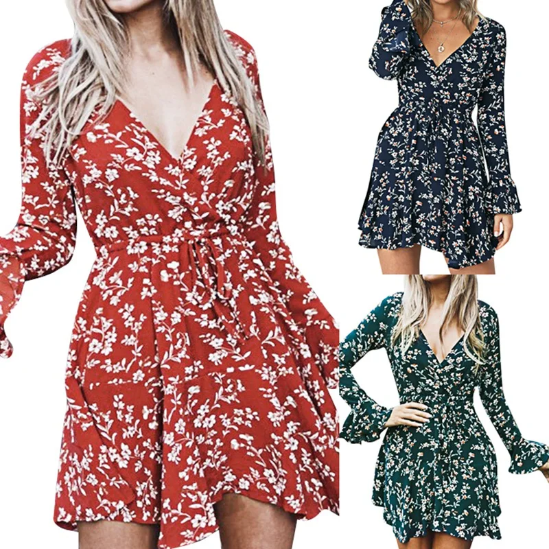 Женское Короткое мини платье Boho с цветочным принтом глубоким v образным вырезом