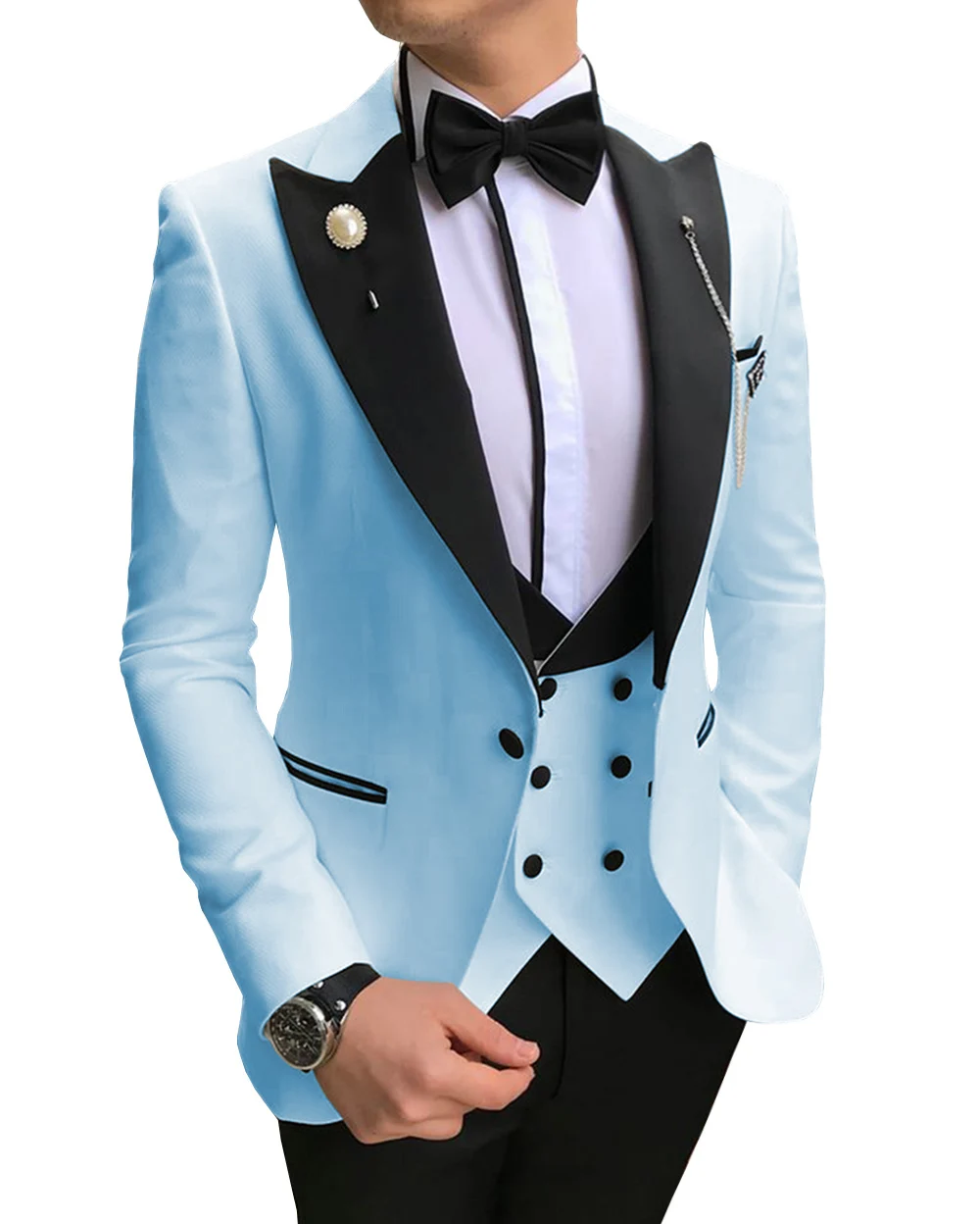 Blue Men's Suits 3 Piece Blazer Dress Casual Peaked Black Collar Tuxedos Groomsmen Men Suits for Wedding(Blazer+Vest+Pants)