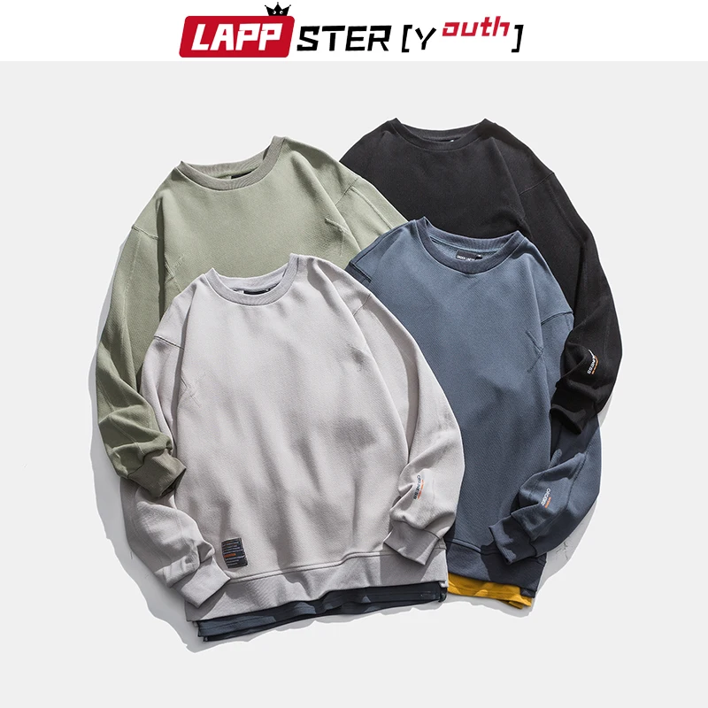 

LAPPSTER-Youth Men Fake Two Pieces Hoodies 2022 Pullovers Mens Colorfull Cotton Sweatshirt Couple Harajuku Streetwear Clothing