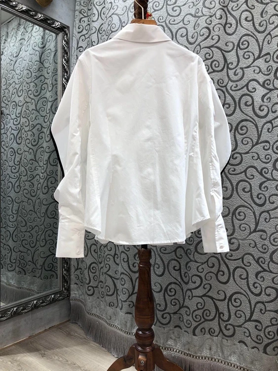 

2020 autumn and winter new women's lapel irregular sleeve stitching striped decoration long-sleeved all-match shirt