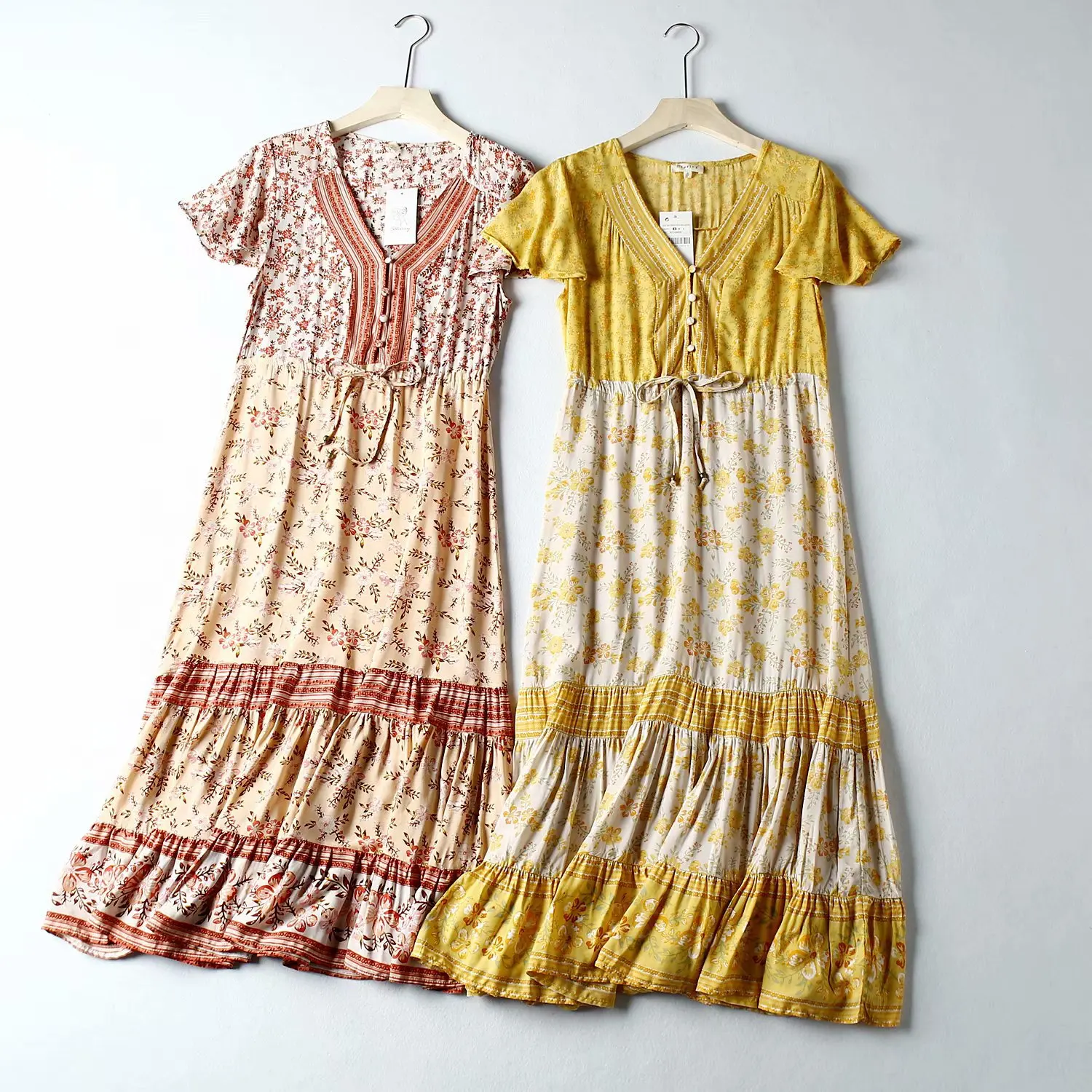 Розовое/оранжевое хлопковое длинное богемное летнее платье с расклешенными