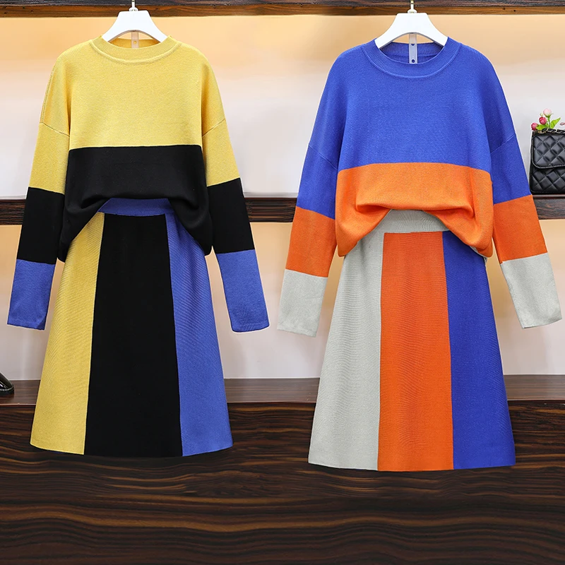 Высокое качество плюс размер Женский вязаный комплект из 2 предметов Осень-зима