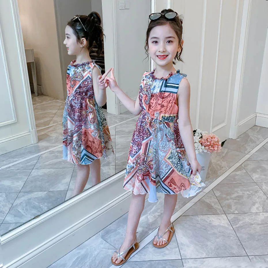 Summer Dress For Girls Bohemian Style Girl Sleeveless Kids Dresses Teenage Costume 6 8 10 12 14 | Детская одежда и обувь