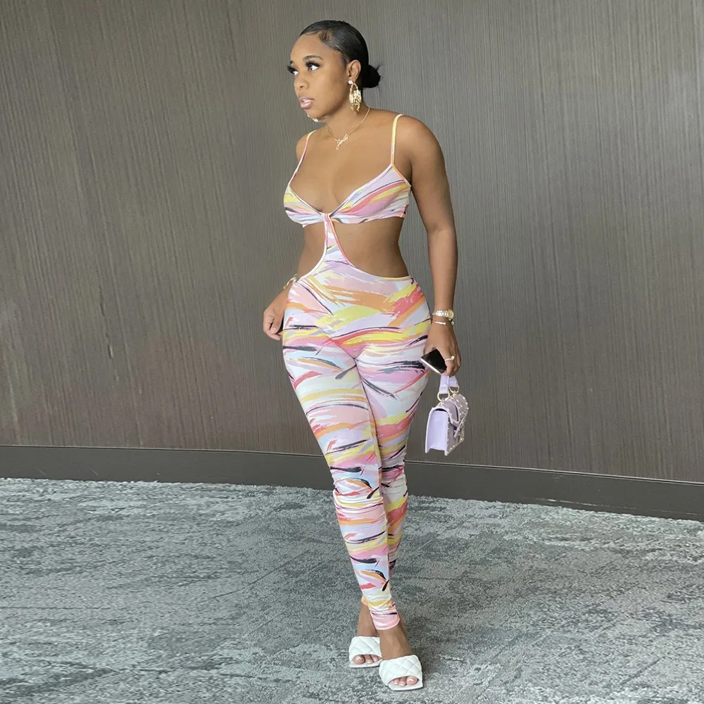 

Fashion Print Strap Jumpsuit Skinny Bodycon Sleeveless Romper Female Sexy Fitness Party Club Outfits Overalls Playsuit