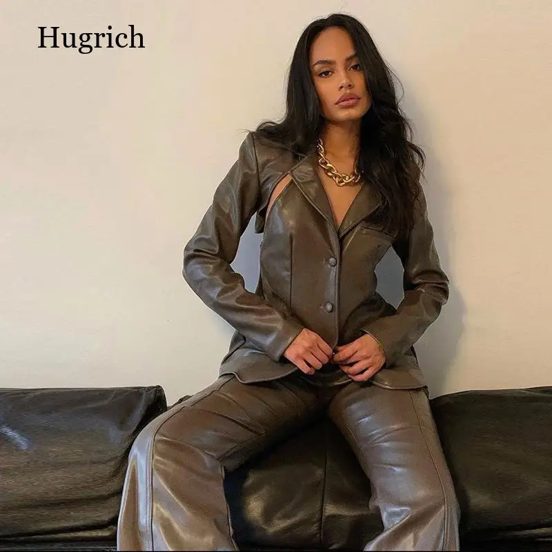 

European and American 2021 Autumn Fashion Fashion Women's New Suit Collar Long Sleeve Cardigan Slim Pu Leather Coat