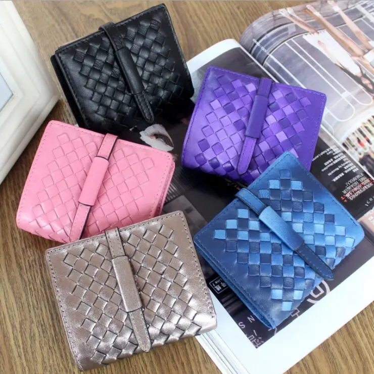 Тонкий короткий кошелек из овечьей кожи Женская тканая Сумочка затягивающийся