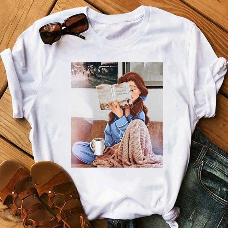 

Casual Summer Fashion Disney Princess Girl Short Sleeved Fenake T-shirt Print White Top Women Harajuku O Neck Clothes Tops Tee