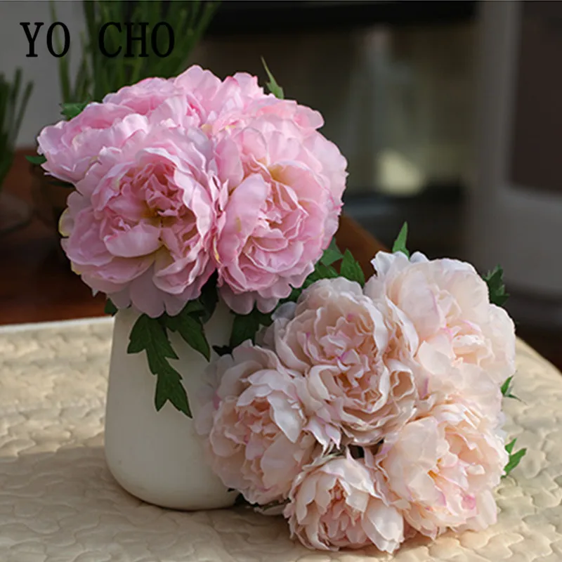 

YO CHO 1 Bouquet 5 Heads Silk Peony Artificial Flowers Big Peony Wedding Flowers Bouquet Home Table Vase Decoration Fake Flowers