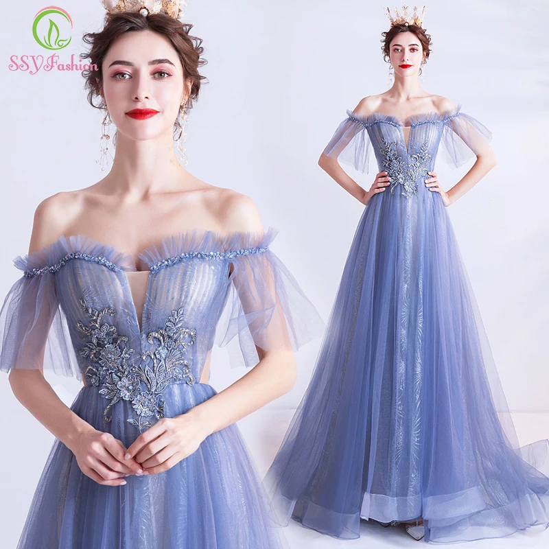 

SSYFashion Новый Романтический голубое вечернее платье для выпускного вечера Для женщин с вырезом лодочкой, трапециевидного силуэта с кружевом расшитое бисером с аппликацтей на выпускной Формальное вечернее платье Vestido De Novia