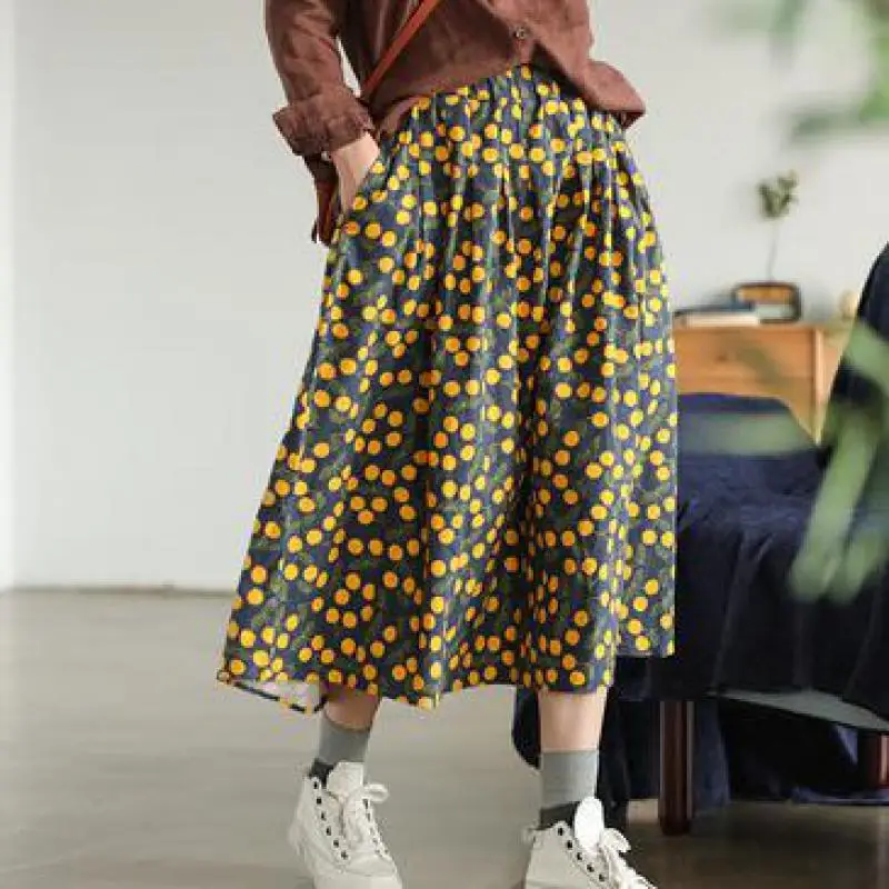 Осенняя винтажная хлопковая юбка в горошек с карманами простая Универсальная