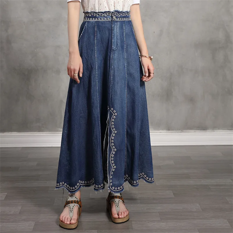 

Cotton Women's Embroidery Skirt 2020 Vintage Denim Women A line Skirts Patch Pocket Saias K2233 Long Girl's Patchwork Skirt