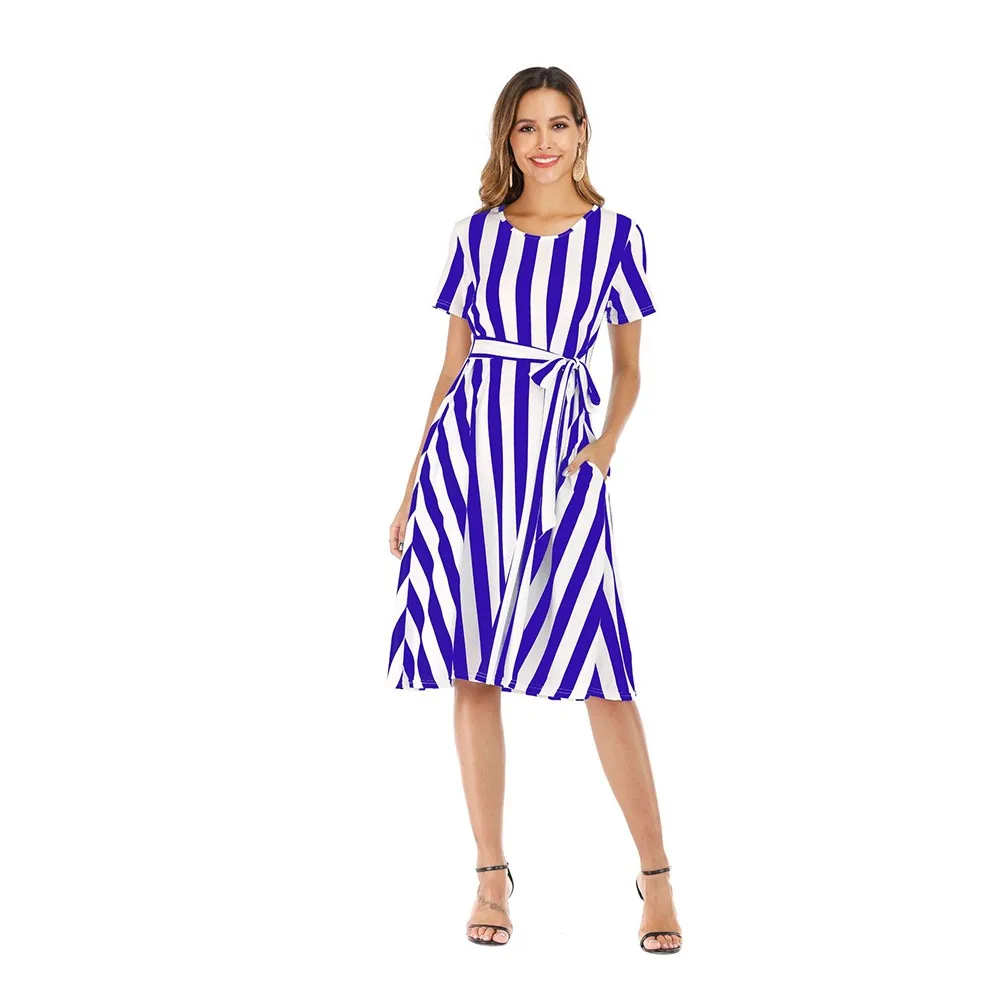 

Summer Dress 2021 New Round Neck Short-Sleeved Striped Lace-Up Pocket Large Skirt Dress Fashion Casual Vintage Mid-Length Dress