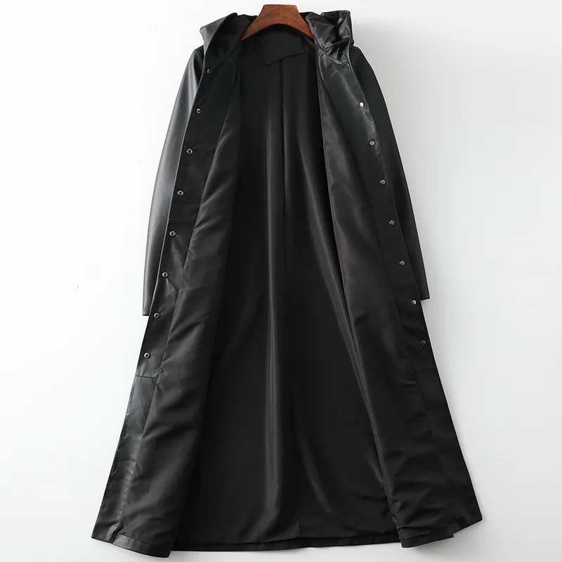 2021 Spring Black Hooded High Quality Sheepskin Coat Women's New Genuine  Leather Jacket Long Simple Single Breasted Windbreaker