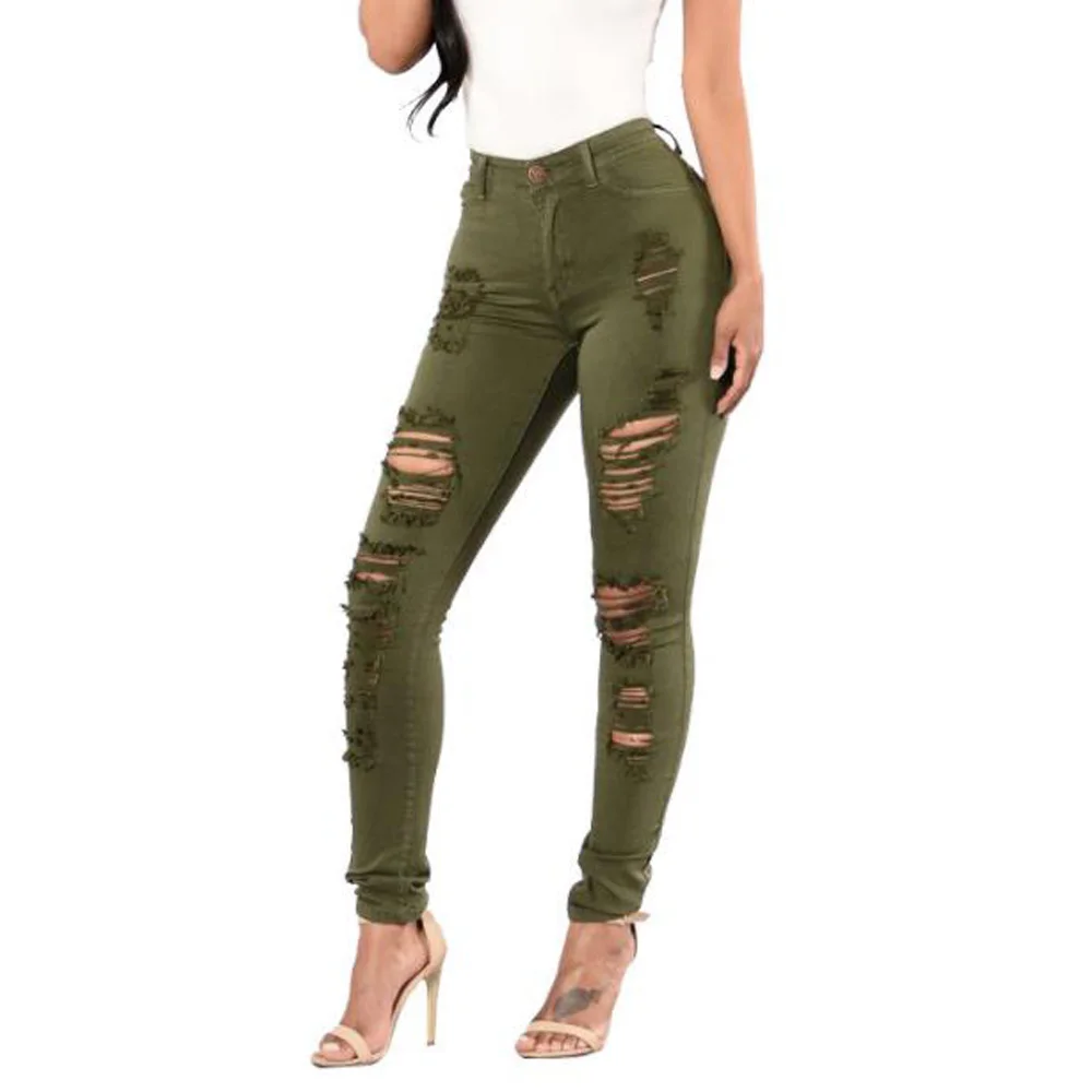 

Зеленые джинсы для юниоров, женские рваные длинные брюки с высокой талией, джинсы, зауженные облегающие джинсовые брюки на молнии с дырками