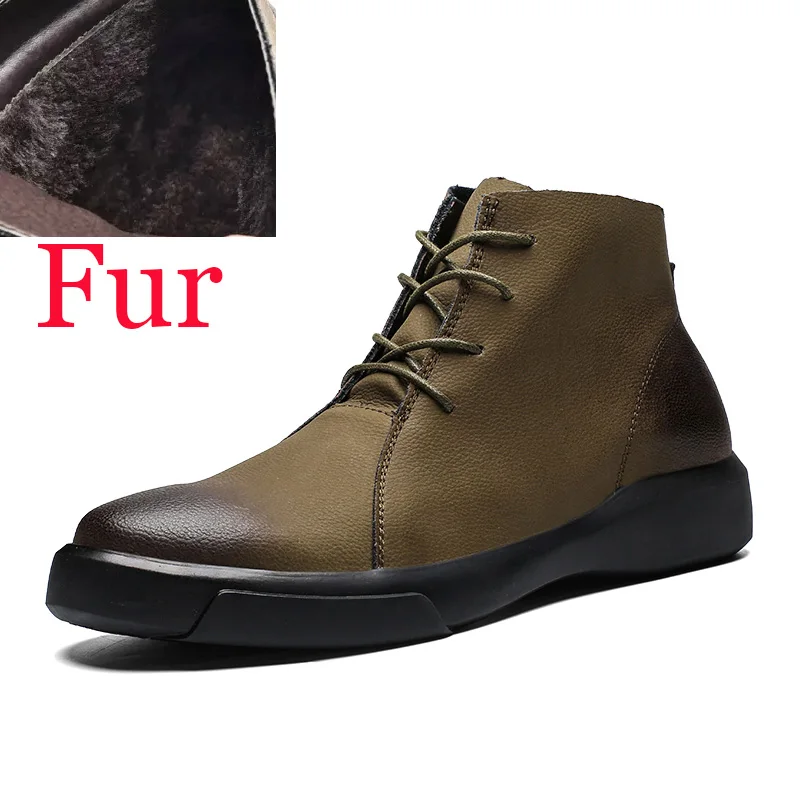Khaki with fur Брендовые мужские ботинки; теплые меховые ботильоны; мужские мотоциклетные ботинки из натуральной кожи; Повседневная Уличная Мужская зимняя обувь - Цвет: Khaki with fur