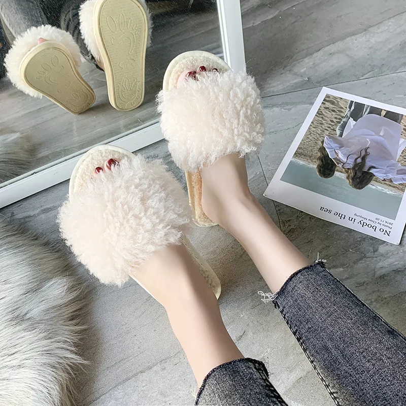 

House Women Furry Slippers Winter Soft Faux Fur Warm Flats Rubber Sole Non Slip Home Slides Luxury Casual Shoes Ladies Female