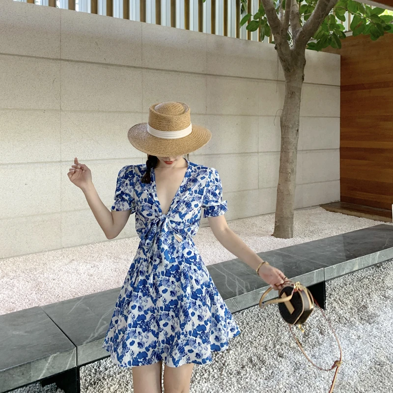 

Summer Women Beach Style Sexy Deep V Neck Bow Print Bohemian Dress Casual High Waist Short Sleeve Beach A-line Dress Vestidos