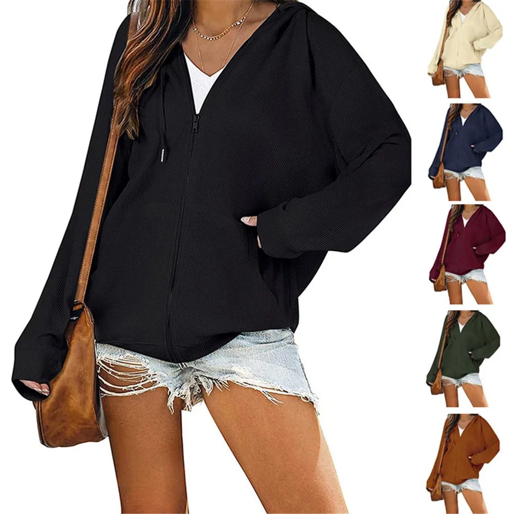 

2021 Women Europe and America women Autumn Winter New zipper hoodie casual long sleeve coat