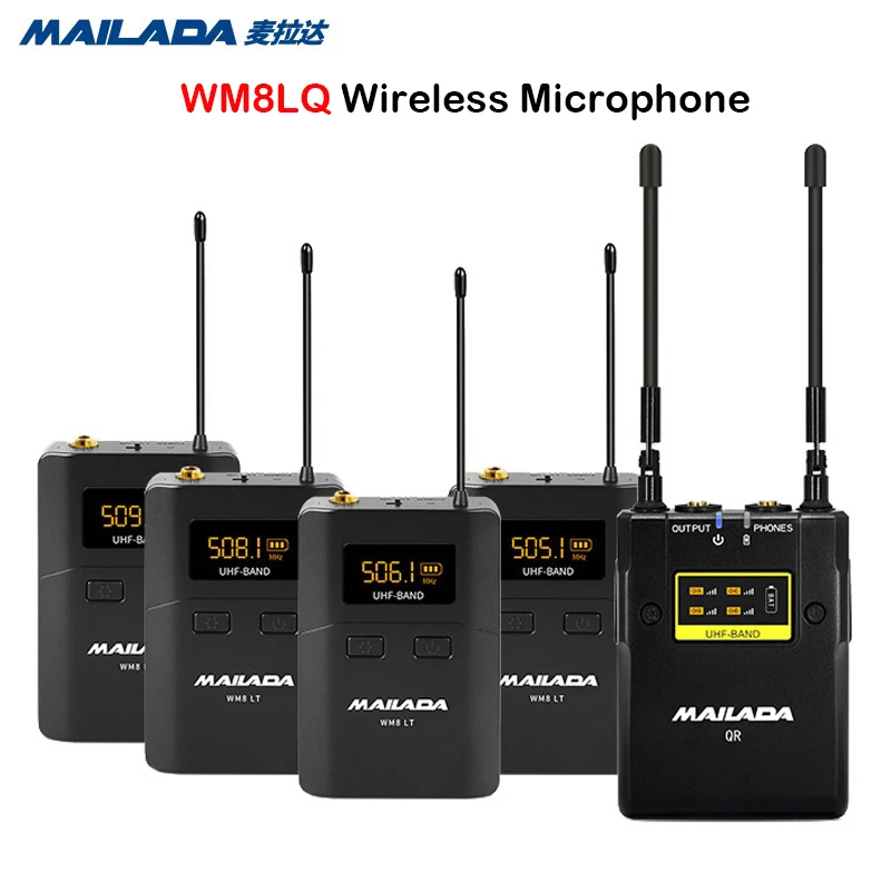 

Mailada WM8LQ Wireless Microphone UHF System 4 Transmitters 1 Receiver Condenser Wireless Video Mic for Canon Nikon Sony Camera