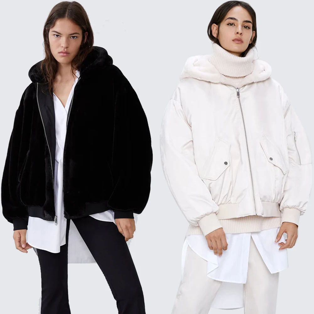 ZA Женская двусторонняя теплая куртка зимняя повседневная Свободная из