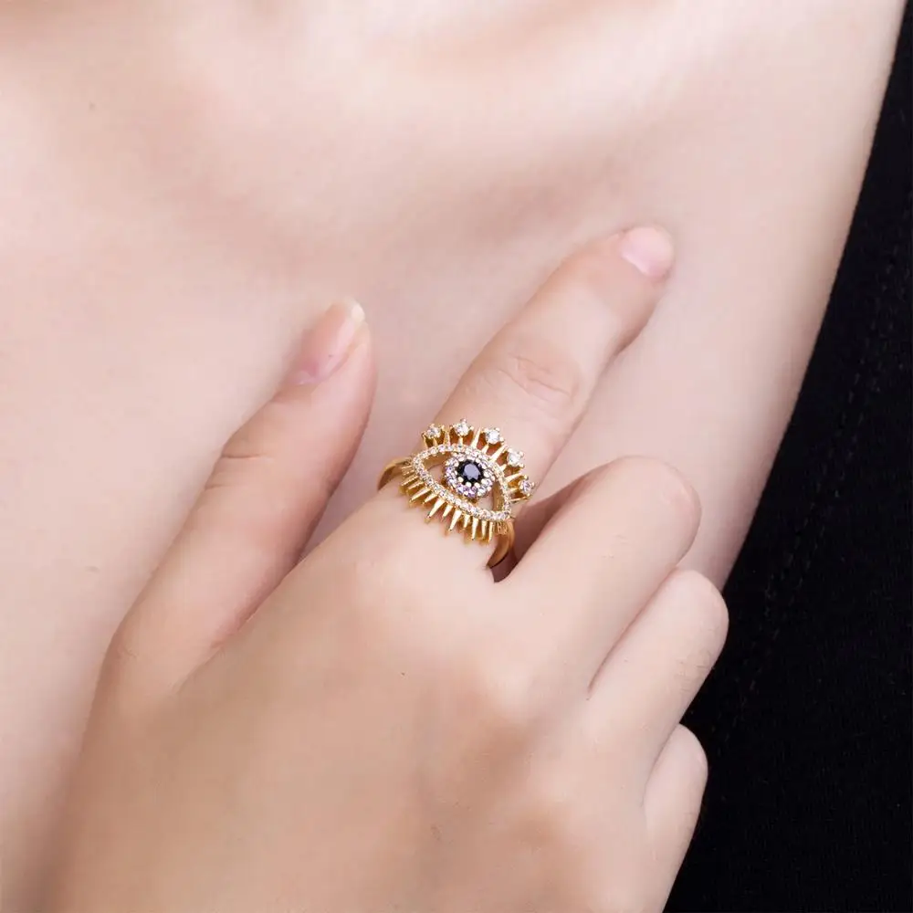 Модное открытое эмалированное Золотое кольцо с короной и паве сглаза на удачу