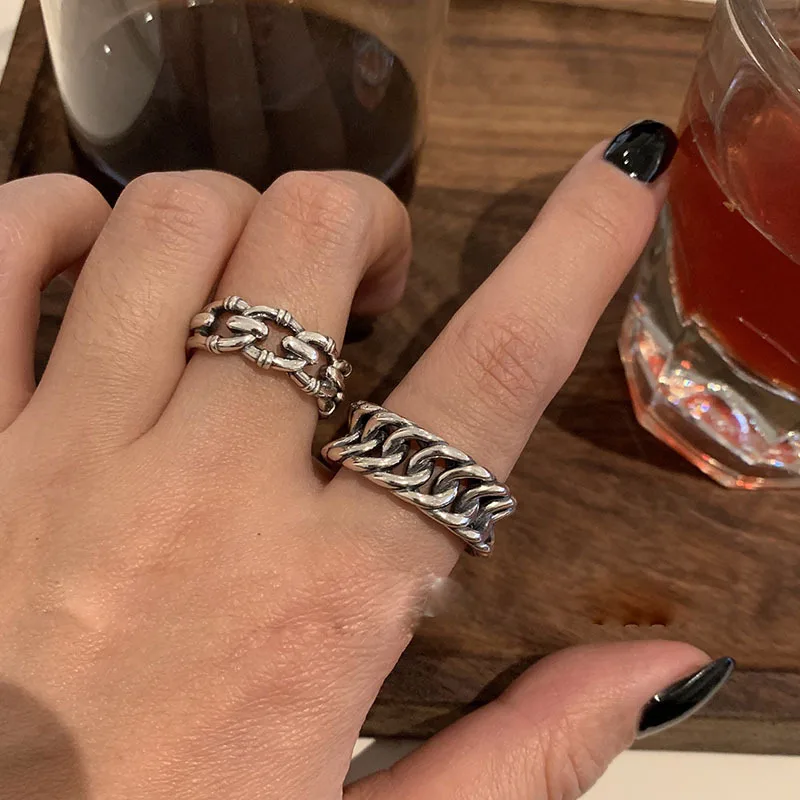

MEYRROYU Sterling Silver Geometry Hollow Chain Rings All Crowds Retro Punk Style Jewelry Double Present Aros Plata 925 MujeR