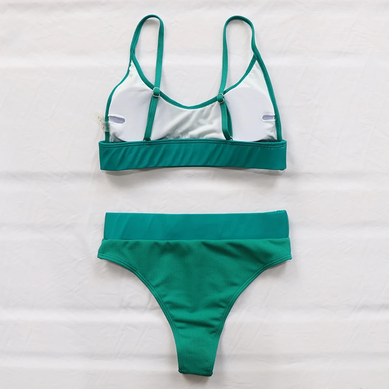 

INGAGA High Waist Bikinis 2021 Swimwear Women Push Up Swimsuits Solid Brazilian Bikini Ribbed Biquini Strap Swim Bathing Suits