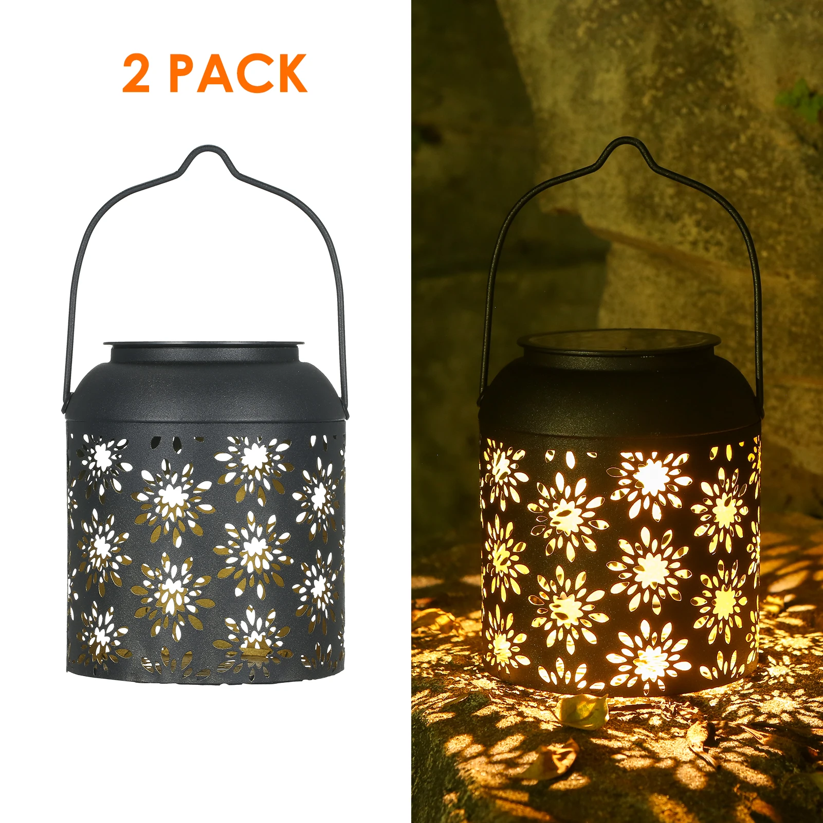 

Tomshine 2pcs Solar Lantern Outdoor Hanging Light Retro Metal Decor Solar Light Hollowed Out Flower Garden Landscape Lighting