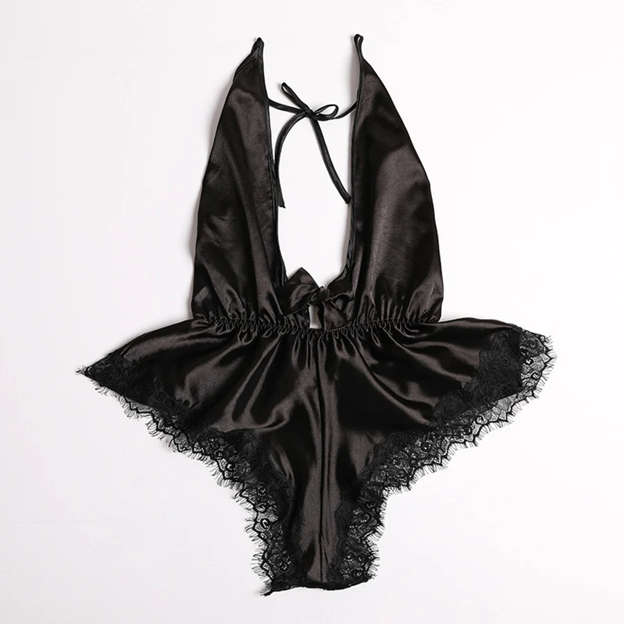 One Piece Pajamas Deep V-neck Nightwear Backless Ropa Sexy Para El Sexo Silk Porn Onesies for Adults Lace Onesie Womens Clothing |