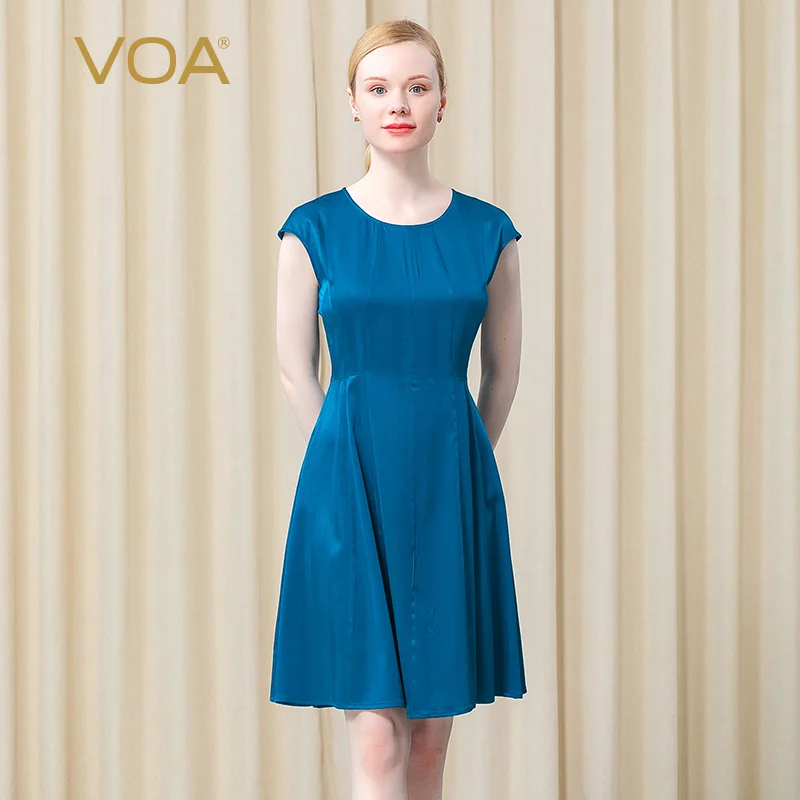 

VOA шелковое разноцветное на выбор платье с круглым вырезом и рукавами для дома и отдыха, простое базовое Летнее Платье До Колена в стиле ампи...