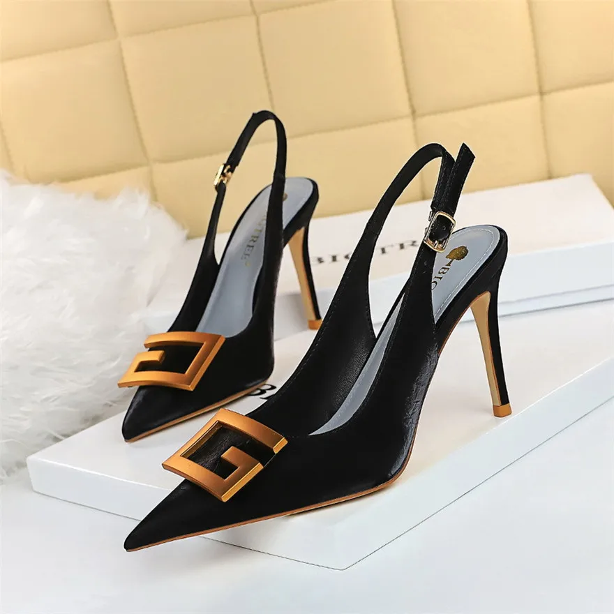 

2023 Autumn Women Soft Leather Slingback Shoes Thin High Heels Ladies Office Dress Fashion Hollow Pointy Toe Woman Pumps Sandals