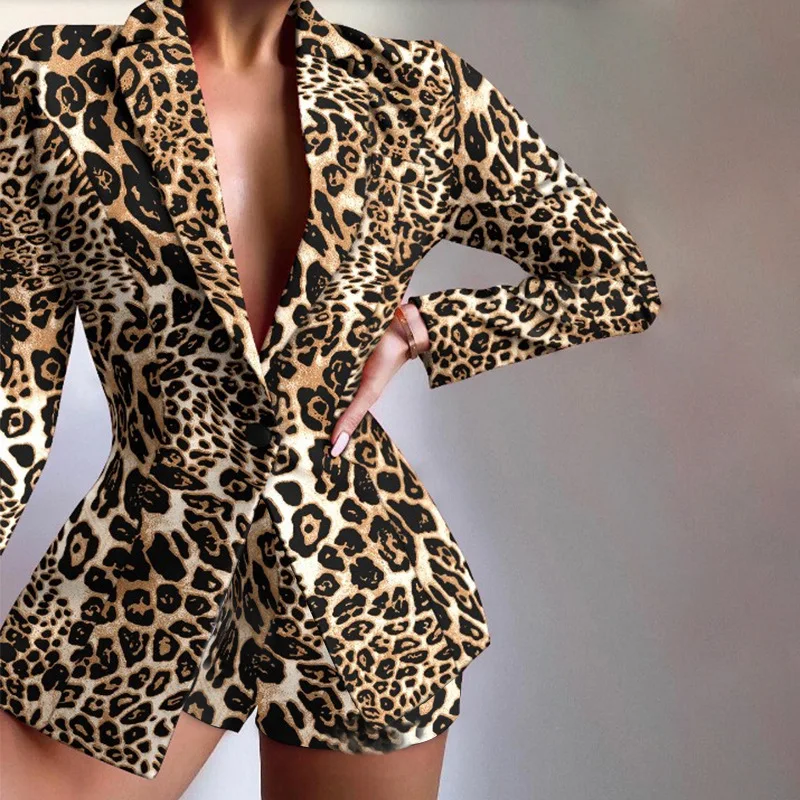 

Women's Set Elegant Blazer Tops and Shorts Suit Matching Two Piece Set Office Lady Print Outfits
