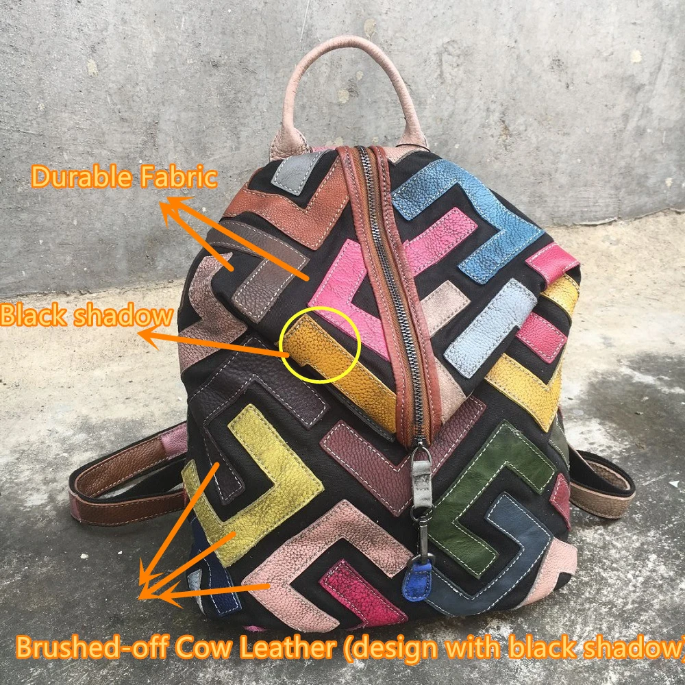 

Women Brushed-off Genuine Leather Backpack Female Natural Leather Multi-color Patchwork Triangle Stylish Feminine Knapsack Bag